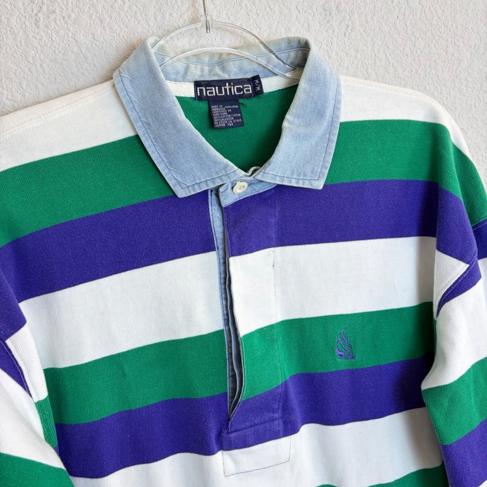 Vintage Nautica Mens Rugby Shirt Medium Green Purple Striped Long Sleeve Cotton
